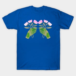 Green hands with pink flowers for you or someone you love on blue T-Shirt